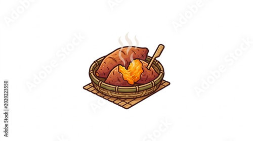 Konstfotografi Delicious hot stew served in a woven bowl with a spoon.