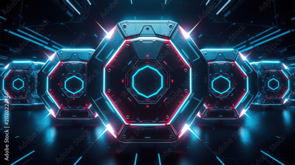 Fototapeta premium Futuristic corridor features hexagonal structures. Blue, red lights create dramatic perspective. Dark background emphasizes glowing geometry.