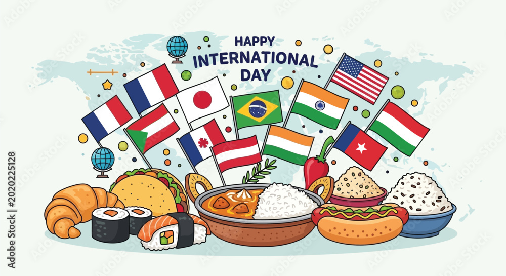 Εκτύπωση καμβά International day celebration with world flags and global food