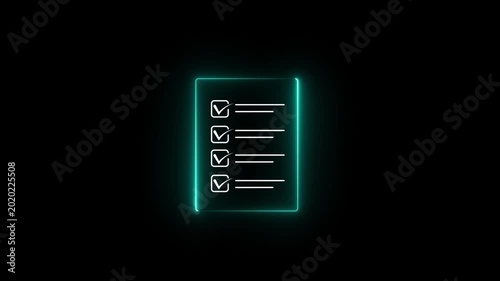 Glowing neon check list animated outline icon. Checklist line icon animation. document marking, mark icon 4k motion