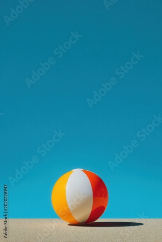 Bright beach ball rests on sand against bold blue sky