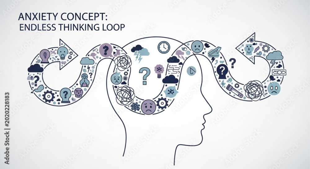 Foto Anxiety concept endless thinking loop inside human head illustration