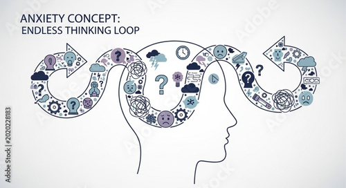 Tableau sur toile Anxiety concept endless thinking loop inside human head illustration