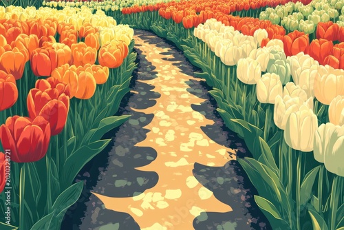 Colorful Tulip Field Path