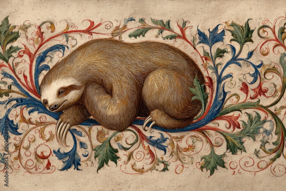Fototapeta premium Historical Manuscript Illustration of a Sloth with Nature Motifs