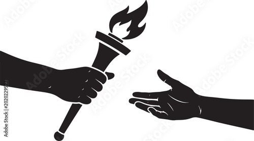 Silhouette of a hand passing a lit olympic torch to another hand also transparent background, flame