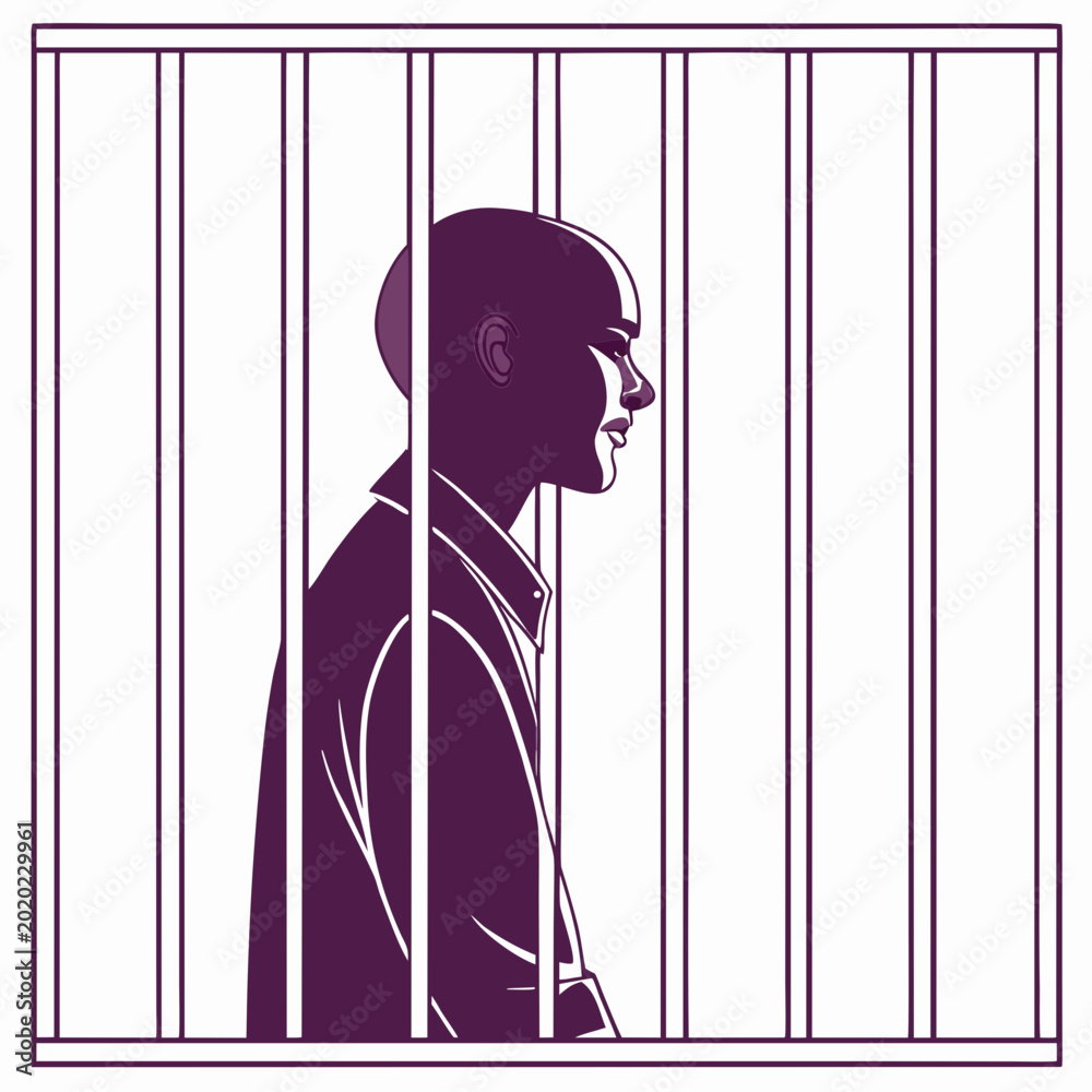 Ταπετσαρία Silhouette of a man inside a jail cell purple and white graphic illustration