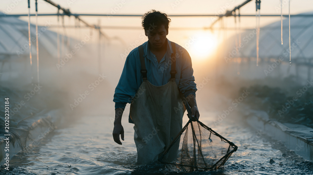 Fototapeta premium Solitary male aquaponics farm owner wading through shallow fish tank corridor at sunrise, net in hand checking tilapia population density, humid fog clinging to greenhouse panels, dripping pipes fra