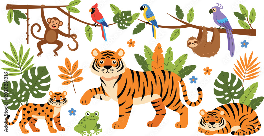 Fototapeta premium Jungle animal illustrations with monkey, sloth, leopard, tiger, frog, and tropical plant vector design concepts