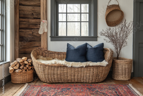Basket with pillows on a rug, in front of a window.