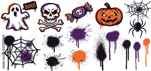 Quadro su tela Spooky Halloween Graffiti Vector Collection with Ghost, Skull, Pumpkin, Spider W