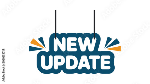 New update banner hanging on two ropes with abstract shapes vector illustration isolated on transparent background.