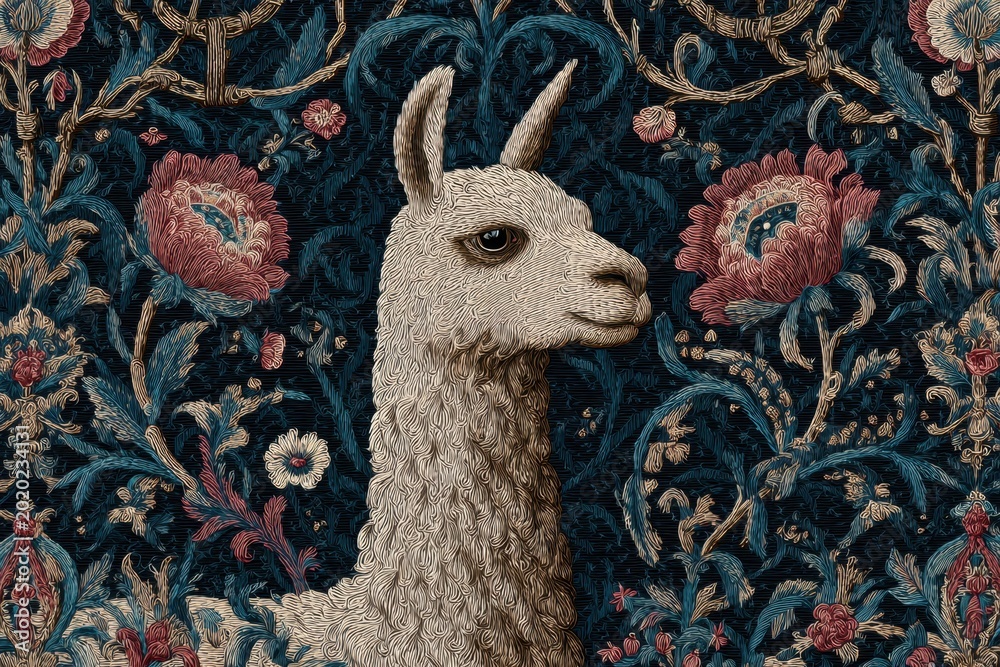 Fototapeta premium Charming Llama Portrait with Intricate Floral Tapestry Background Art