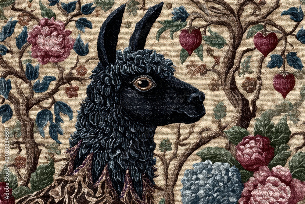 Obraz premium Black Llama Tapestry with Floral and Fruit Design, Art Deco Style