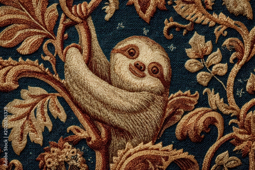 Fototapeta premium Charming Embroidered Sloth Adorned with Ornate Floral Tapestry Design