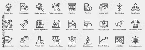 Startup Launch Line Icons Set for Business Idea, Planning, Marketing, and Launch. Vector pictograms of startup ideas, business plans, market research, product development, prototypes, funding, etc.