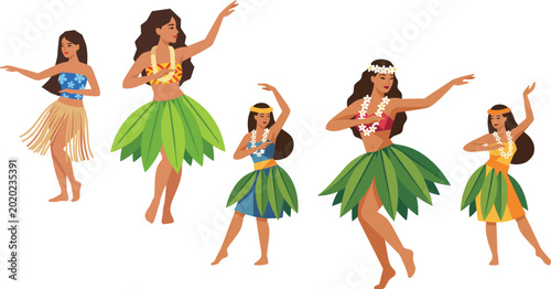 Flat design vector illustration of hula dancers in traditional costumes for tropical travel and cultural promotion