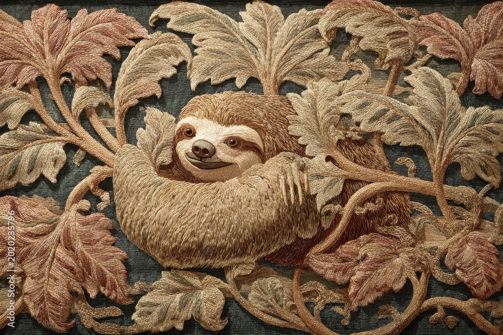 Fototapeta premium Cute Sloth Embroidery Design Art Textile Fabric Tapestry Motif Decor