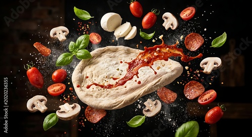 Captivating explosion of fresh pizza ingredients vibrant tomatoes, aromatic basil, savory mushrooms, pepperoni, dynamically suspended around raw dough