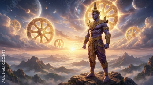 Powerful Southeast Deity Powerful Southeast Asian deity on a mountain peak with glowing Dharmachakra in a cosmic sky Epic fantasy illustration of a spiritual god and the wheel of dharma Mountain
