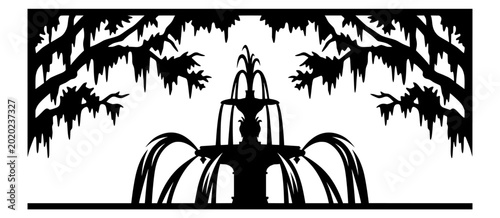 Foto Forsyth Park Fountain Silhouette in Savannah Georgia with Spanish Moss Oak Tree