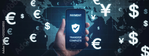 International money transfer complete on smartphone screen with global currency background.