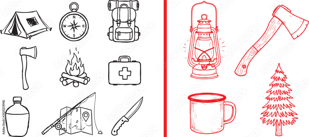 Εκτύπωση καμβά Hand-drawn camping and outdoor adventure icons set