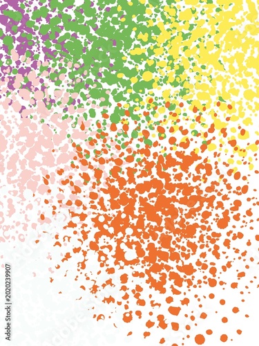 Abstract colorful splash pattern on white background. Speckled dots in rainbow gradient. Vibrant hues blend softly from top to bottom