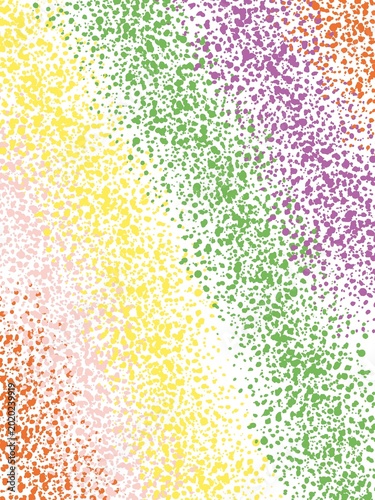 Abstract background with colorful speckles in yellow, green, purple, and orange. Speckles vary in size and density, creating a dynamic, textured look