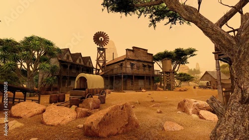 An old town from the Wild West era located among the mountains. Animation On The Theme Of History And Territories, People And Lifestyle.	


