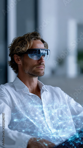 Confident man in futuristic smart glasses interacts with augmented reality hologram in modern office environment. Innovative technology and digital transformation concept for future workplaces