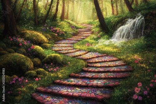 Stone path curves through a vibrant forest, waterfall in a sunny meadow
