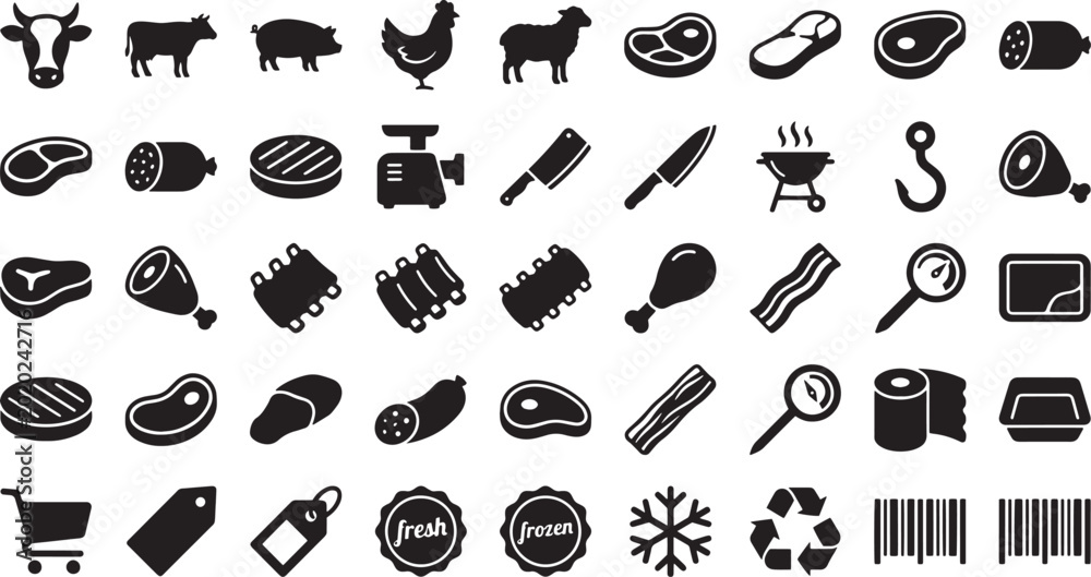 Εκτύπωση καμβά Comprehensive collection of black silhouette icons representing various types of meat, butchery tools, and related food products and shopping elements