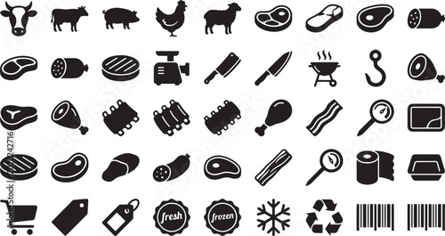 Schilderij op canvas Comprehensive collection of black silhouette icons representing various types of meat, butchery tools, and related food products and shopping elements