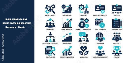 Human resources icon set. featuring recruitment, leadership, teamwork, and employee management elements in blue flat style for corporate business and workforce