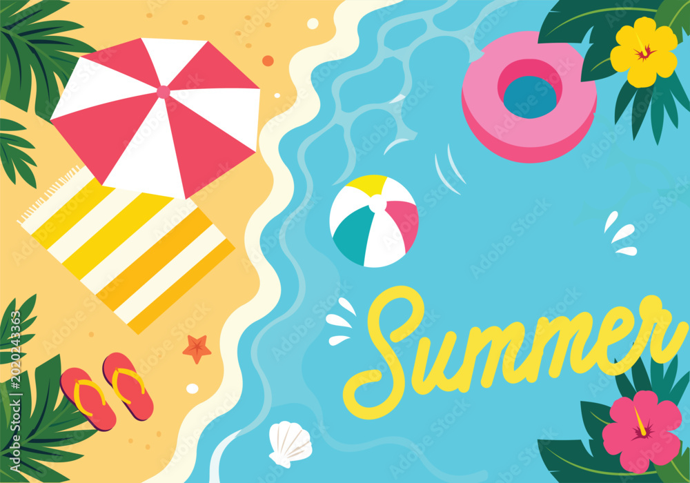 Photos Summer Beach Background Vector Design Featuring Seaside Umbrella Float Ring and