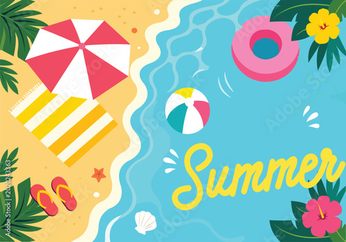 Photos Summer Beach Background Vector Design Featuring Seaside Umbrella Float Ring and