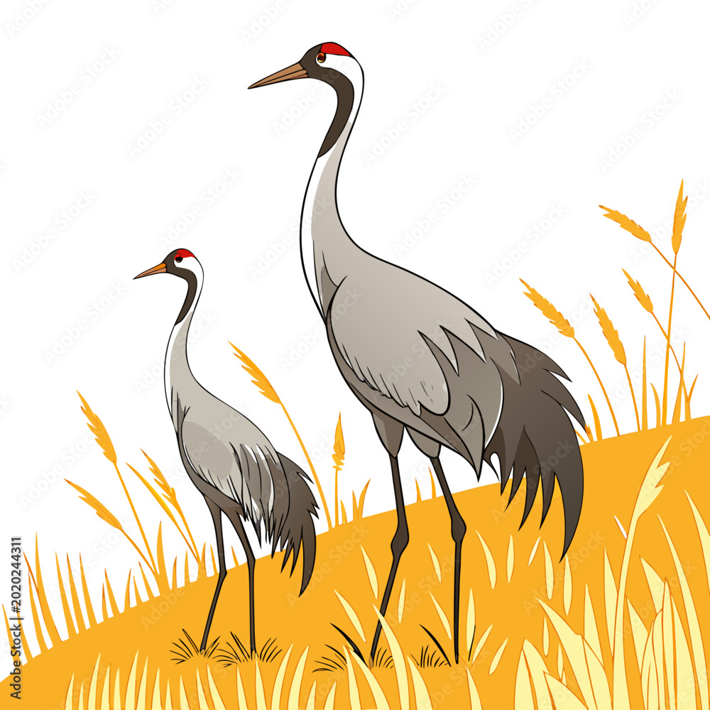 Obraz premium Two sandhill cranes standing in golden grass vector illustration with a white background