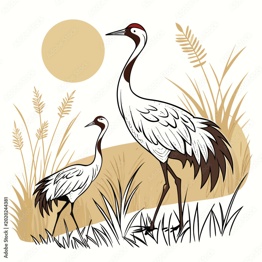 Obraz premium Two cranes in a natural setting stylized illustration with beige and brown tones