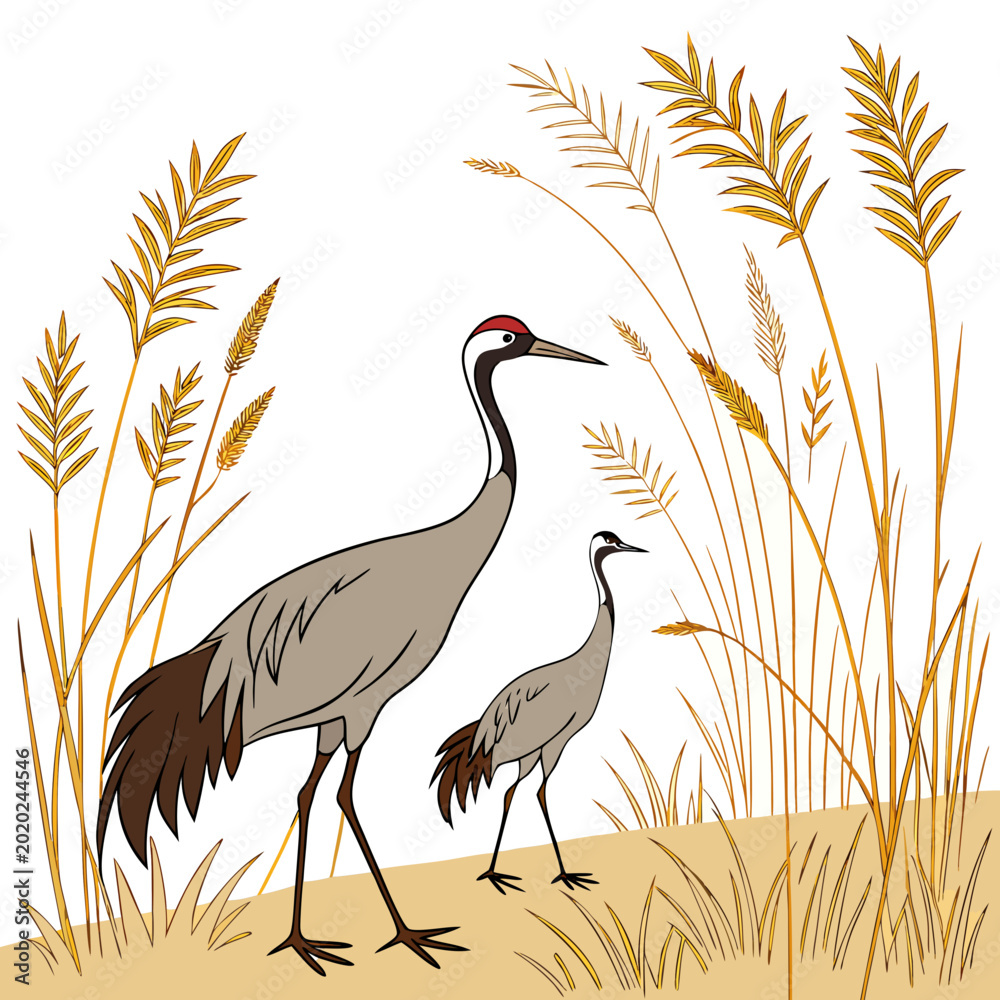 Obraz premium Two cranes standing amongst tall wheat stalks illustration in a natural setting