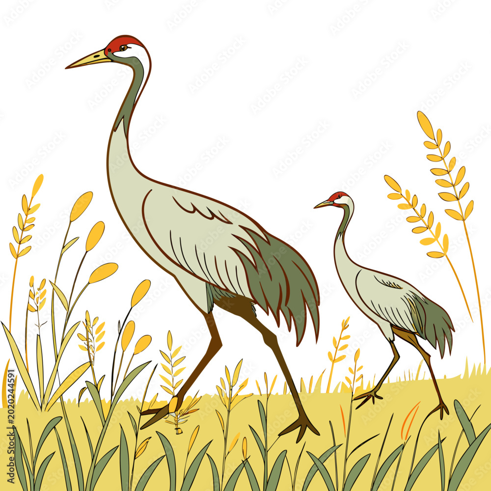 Obraz premium Two sandhill cranes walking through tall grass colorful vector illustration on a white background