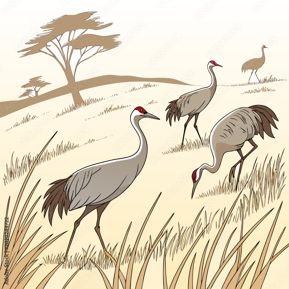 Fototapeta premium Illustration of cranes foraging in tall grass with acacia tree silhouette