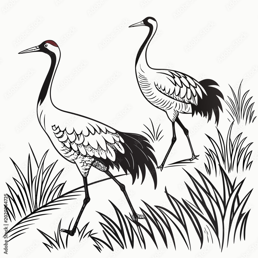 Fototapeta premium Two cranes wading through tall grass detailed line drawing illustration on a white background