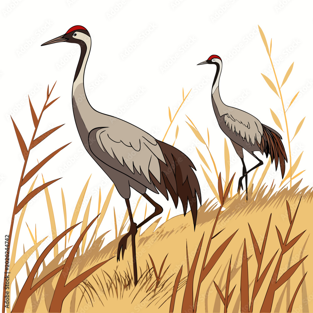 Fototapeta premium Two sandhill cranes standing in tall grass vector illustration with a natural beige background