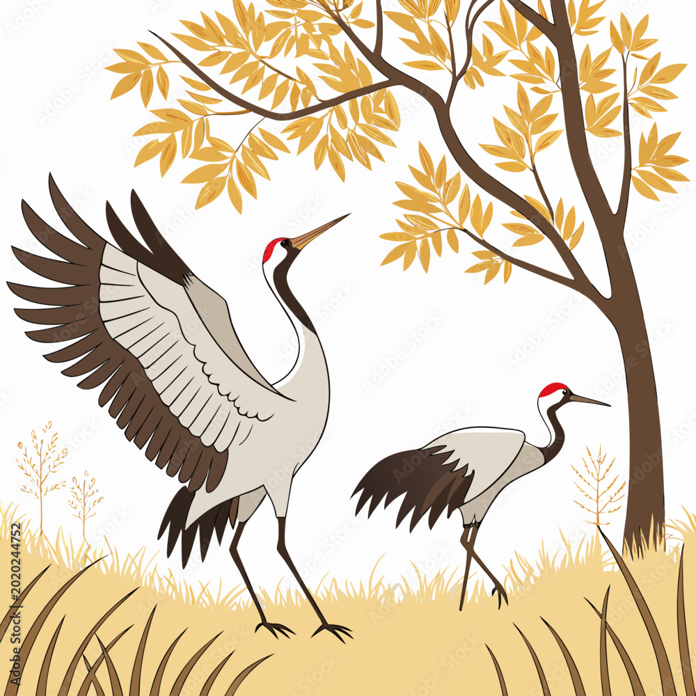 Fototapeta premium two cranes with outstretched wings near a tree vector illustration with a yellow and brown color palette