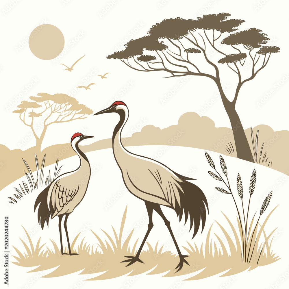 Fototapeta premium Two cranes in a stylized african savanna landscape vector illustration with trees and sun