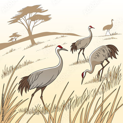 Fotografía Illustration of cranes foraging in tall grass with acacia tree silhouette