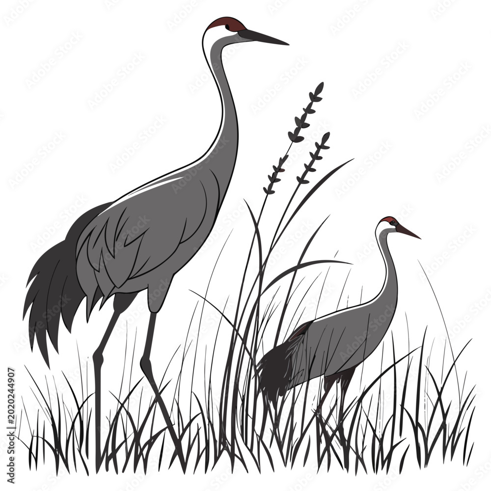 Fototapeta premium Two grey cranes standing in tall grass detailed line drawing on a white background