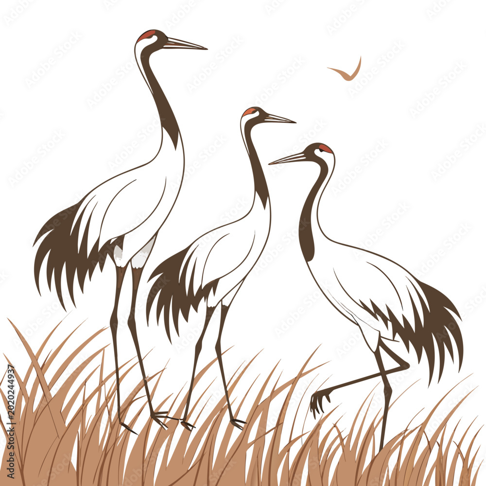 Fototapeta premium Three cranes standing in tall grass stylized vector illustration on a white background
