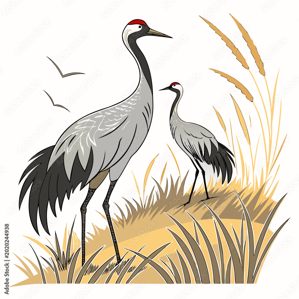 Fototapeta premium Two cranes standing in tall grass stylized vector illustration with a white background